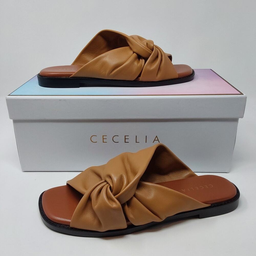 Cecelia New York Idea Sandals Women's 7.5 Natural Leather Knot Slide Flats NIB